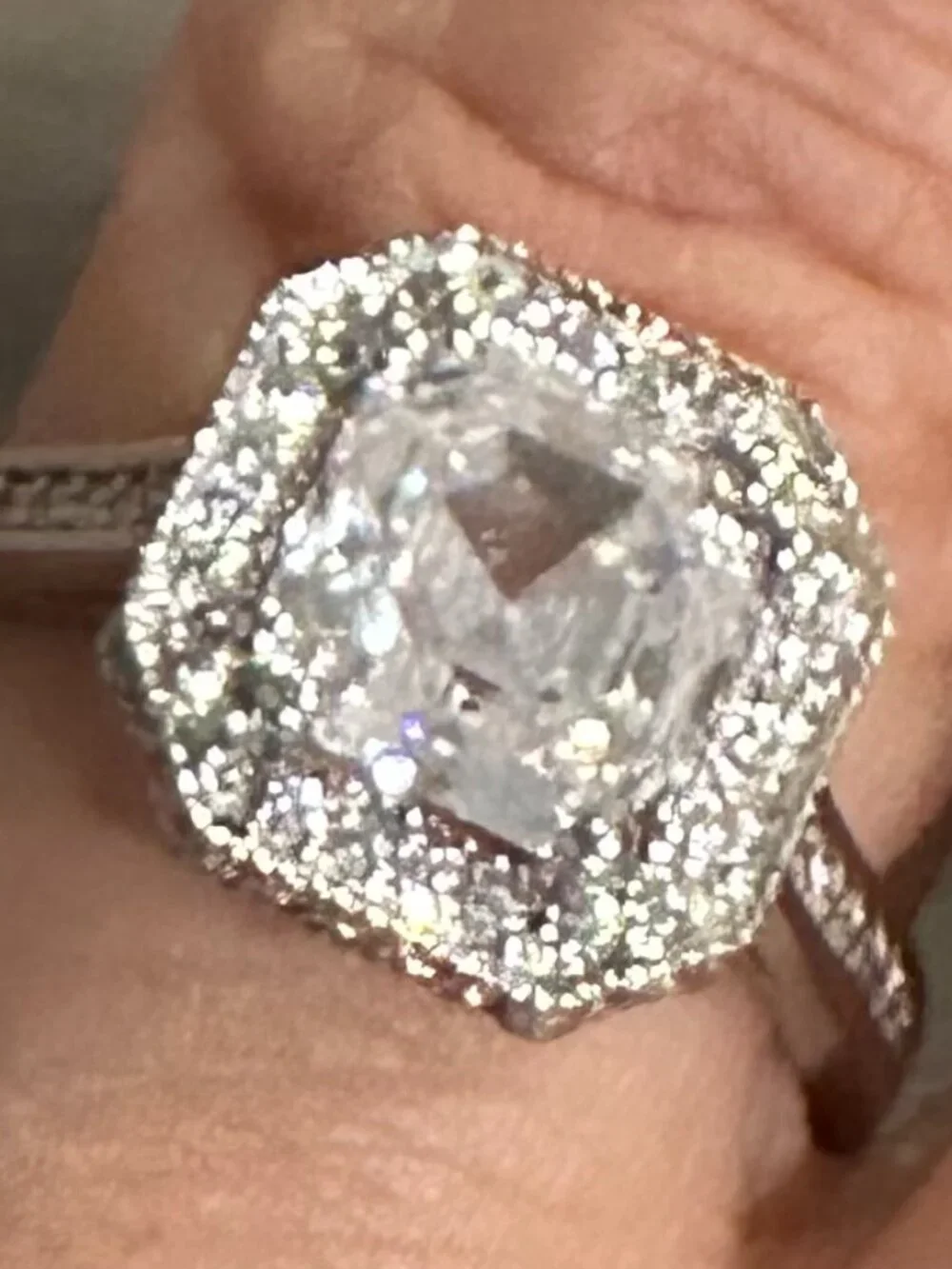 14K White Gold Square Step-Cut CZ Cushion Halo Ring Sz 6.75